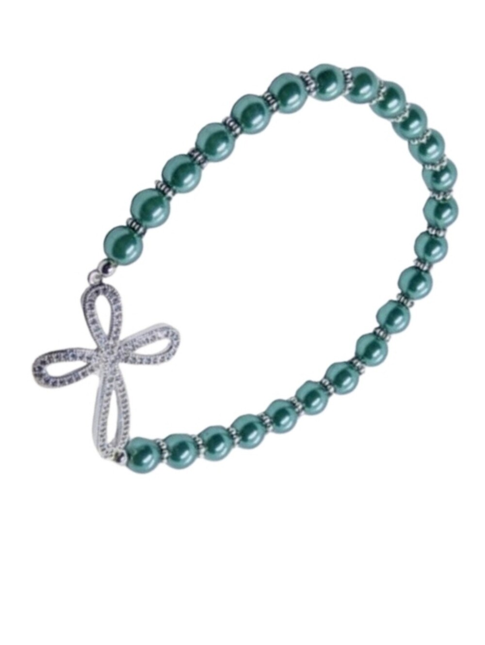 Teal Faux Pearl Stretch Bracelet with CZ Cross Accent NWOT